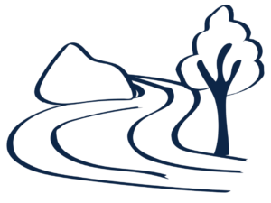 Dark blue icon of river and tree next to it