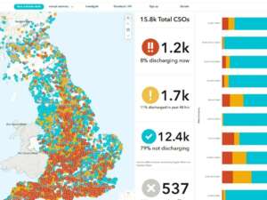 Screenshot of the sewage map, showing red, yellow and blue dots over the UK indicating live, recent and no sewage spill locations