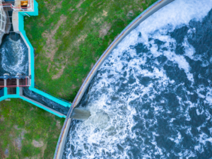 Ariel view of a water flowing into a water treatment plant