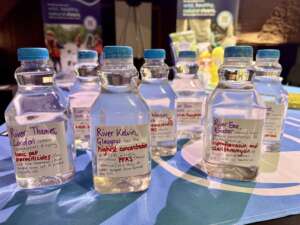 Bottles of river water with labelled chemical concentrations