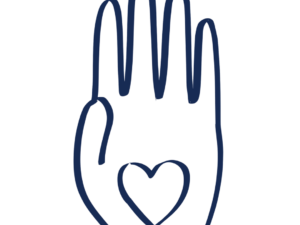 Dark blue icon of hand with a heart in the palm