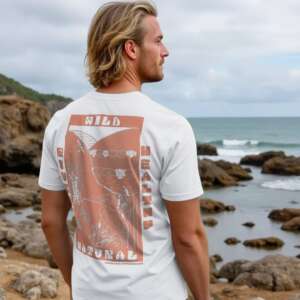 A smiling man wears a white teeshirt with a salmon peach design