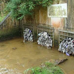 Three sewage pipe ends are open to a river, their grates filled with wet wipes and rubbish
