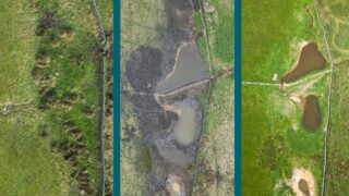 Three images next to each other each showing the same ariel view of a piece of land from October 2024, Janurary 2025, and July 2025 showing the creation of the ponds