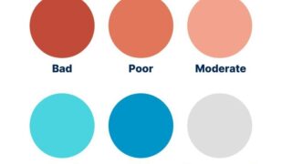 Coloured dots each representing categories of river ecological health on the map below