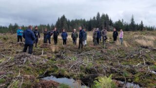 Group of people stood in a boggy area with a forest in the background