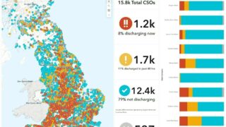 Screenshot of the sewage map, showing red, yellow and blue dots over the UK indicating live, recent and no sewage spill locations