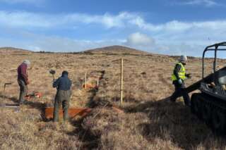 Three people on a peatland installing wooden posts