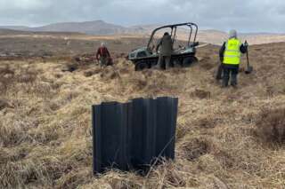 Three people on a peatland with spades and tools