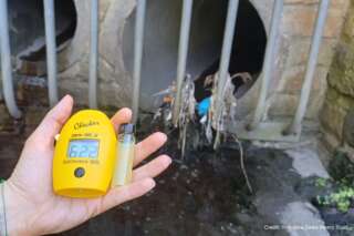 Hand holding a yellow device showing 62.2 next to a test tube of water with a sewage grate in the background