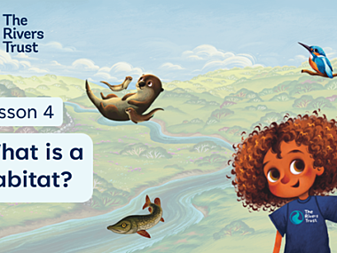 A screen grab of the first page of a lesson powerpoint slide deck with a smiling cartoon of a child wearing a rivers trust teeshirt