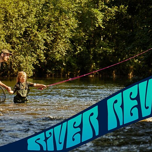 river revival text on image of child fishing