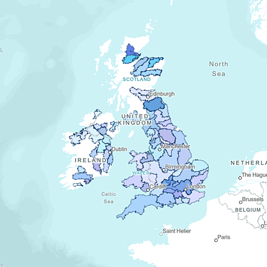 Map of the UK and Ireland with regions highlighted to represent local Rivers Trusts