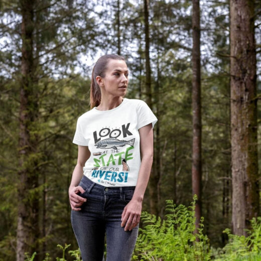 Woman in Rivers Trust t-shirt with Look at the State of our Rivers on the front