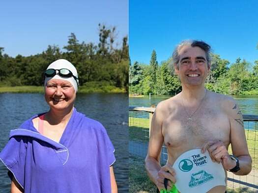 Fundraisers Sue Brearley and Matt Broom smile after swimming in the river
