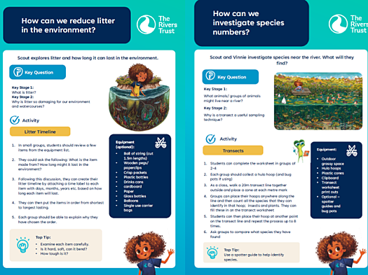 Screen grab of two colourful pdfs with activity instructions and cartoon images of a smiling waving child river dipping