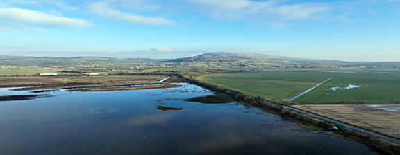 Ariel view of river in ireland with green fields