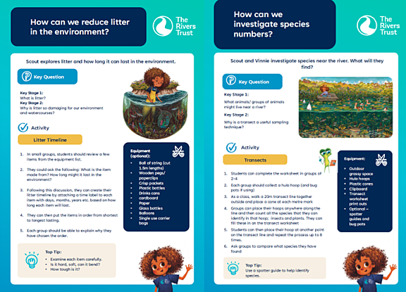 Screen grab of two colourful pdfs with activity instructions and cartoon images of a smiling waving child river dipping