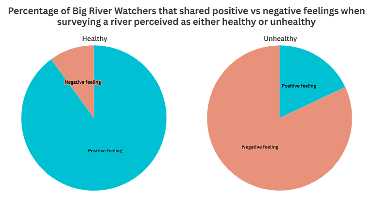 Two pie charts showing whether positive or negative feelings were recorded when looking at rivers perceived to be healthy or unhealthy