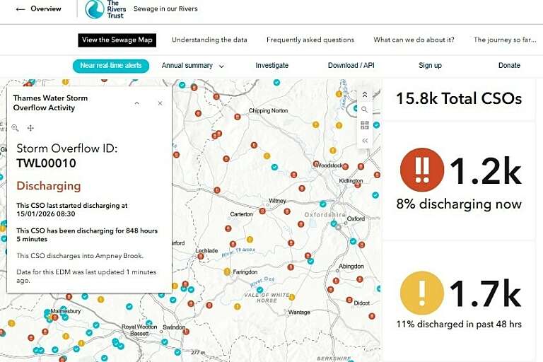 Screenshot of the sewage map, zoomed in to see how long one sewage discharge has been taking place for