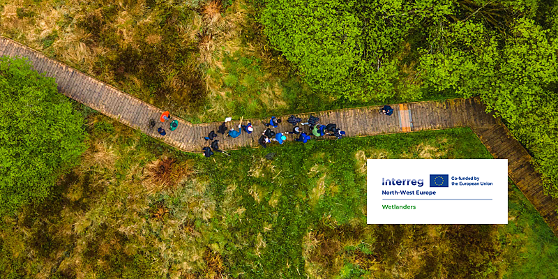 Ariel view of boardwalk running through wetland with people walking on it