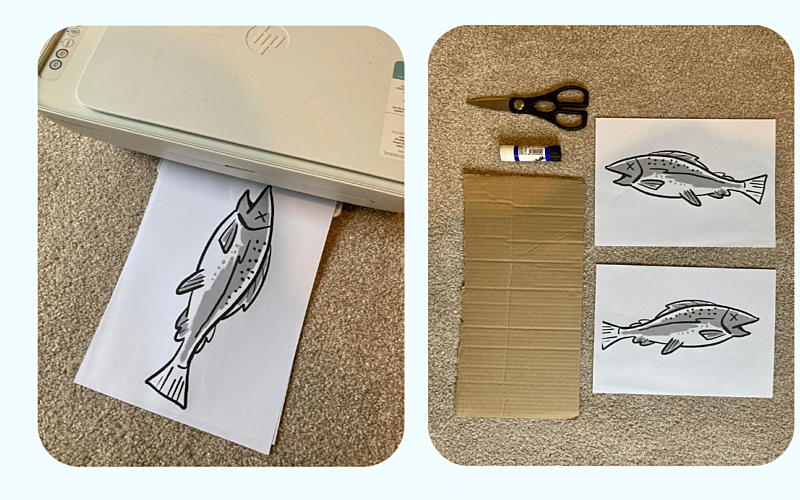 Two images show a fish graphic being printed on A4 paper