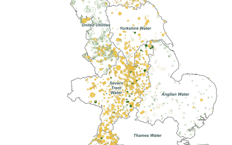 A map of England with yellow, green and white dots