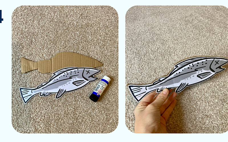 Two images show a fish graphic being stuck to both sides of a piece of cardboard, which has been cut to the same shape as the fish