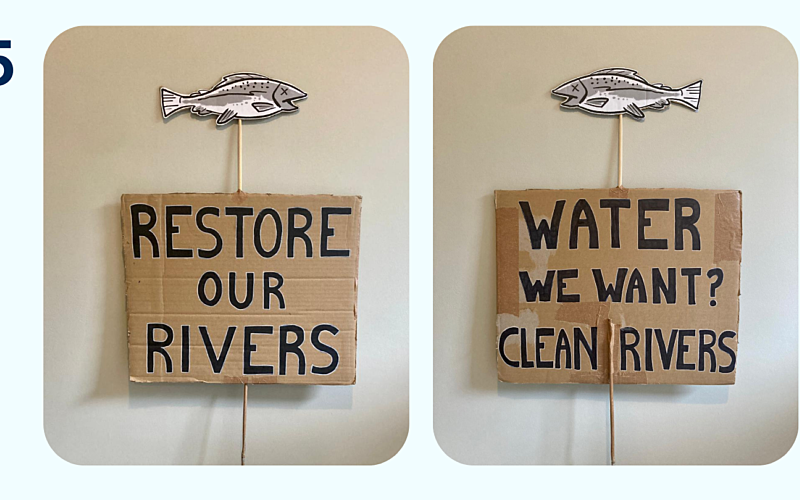 Two protest signs are shown, reading 'restore our rivers' and 'water we want? clean rivers' with a cardboard fish on a stick attached to the top