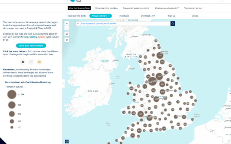 Screenshot of the sewage map, zoomed out showing brown dots over a map of the UK