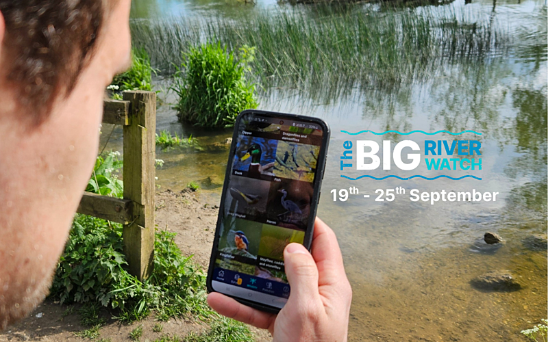 View over man's shoulder holding phone up in front of a river
