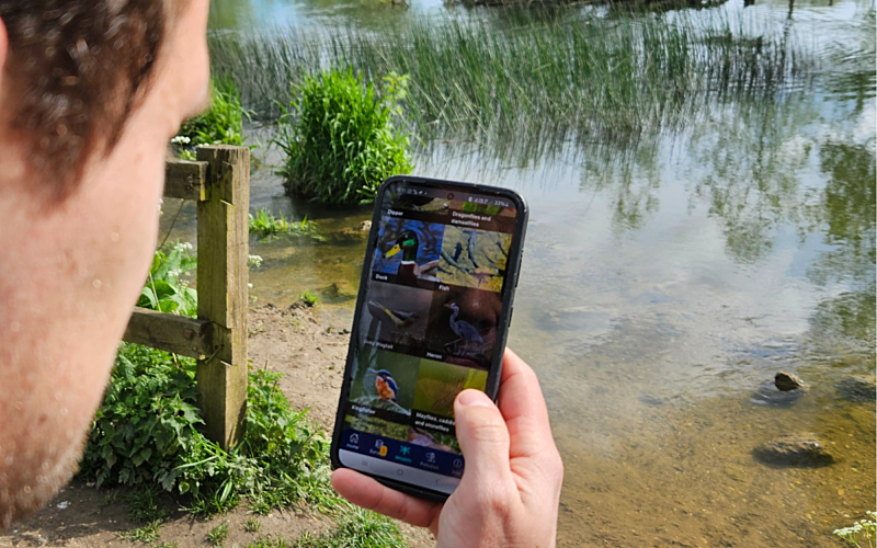 View over mans shoulder holding phone looking at river