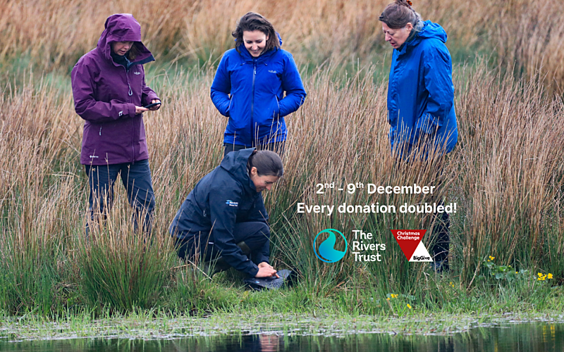 Four women on a river bank one crouched down by the water holding a laptop