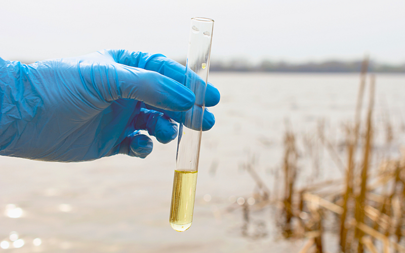 Hand in blue glove holding test tube with river in background