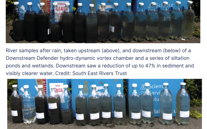 Two images of a series of clear plastic bottles filled with water samples taken over a period of time, displaying a range of water colours