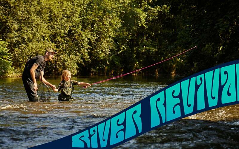 river revival text on image of child fishing