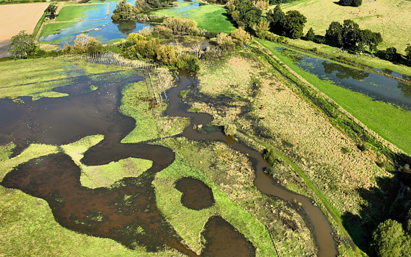 Aerial view of a flooded field