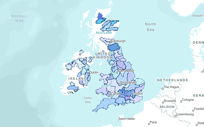 Map of the UK and Ireland with regions highlighted to represent local Rivers Trusts