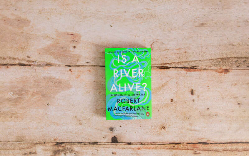 a bright blue and green paperback book cover, with 'is a river alive?' written in white