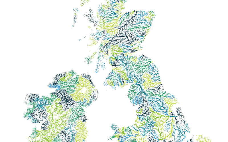 Mape of the UK and Ireland shown by the rivers and lakes