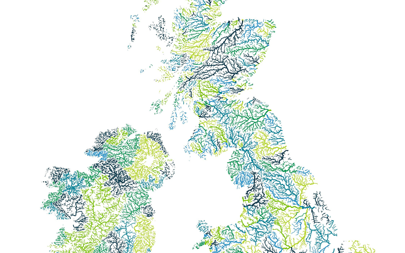 Mape of the UK and Ireland shown by the rivers and lakes