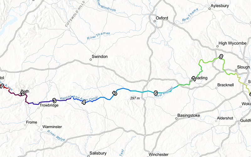 map of journey for paddle boarders from Bristol to London