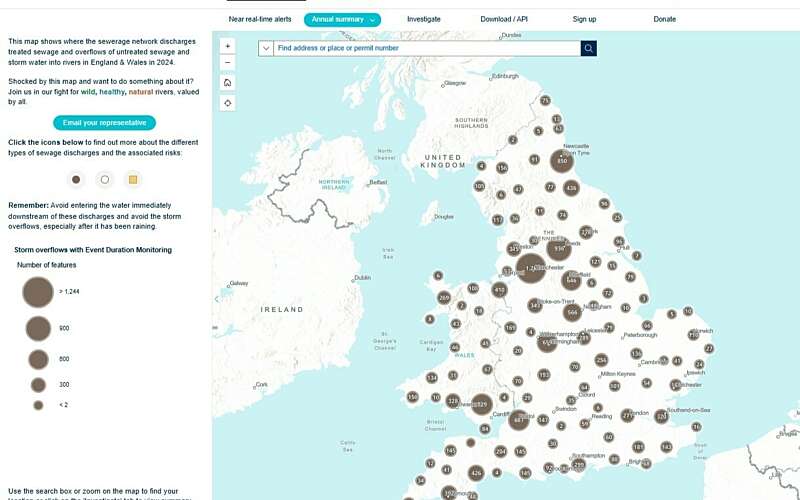 Screenshot of the sewage map, zoomed out showing brown dots over a map of the UK