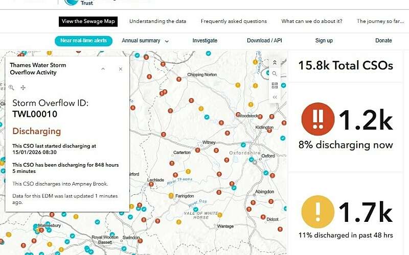 Screenshot of the sewage map, zoomed in to see how long one sewage discharge has been taking place for
