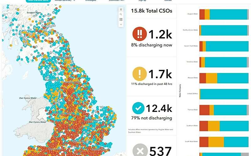 Screenshot of the sewage map, showing red, yellow and blue dots over the UK indicating live, recent and no sewage spill locations
