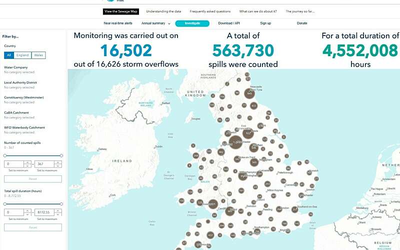 Screenshot of the sewage map, zoomed out showing brown dots over a map of the UK