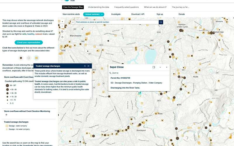 Screenshot of the sewage map, zoomed in to show treated and untreated sewage discharge locations