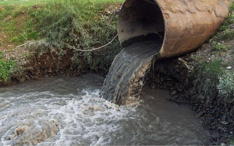 Disgusting brown water pours out of a meal pipe into a river