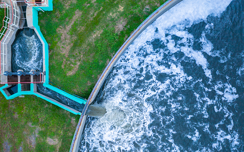 Ariel view of a water flowing into a water treatment plant