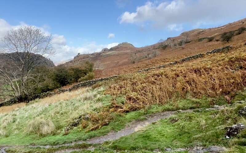 A sloping hill with brown and green low vegetation descends towards a river in west Cumbria